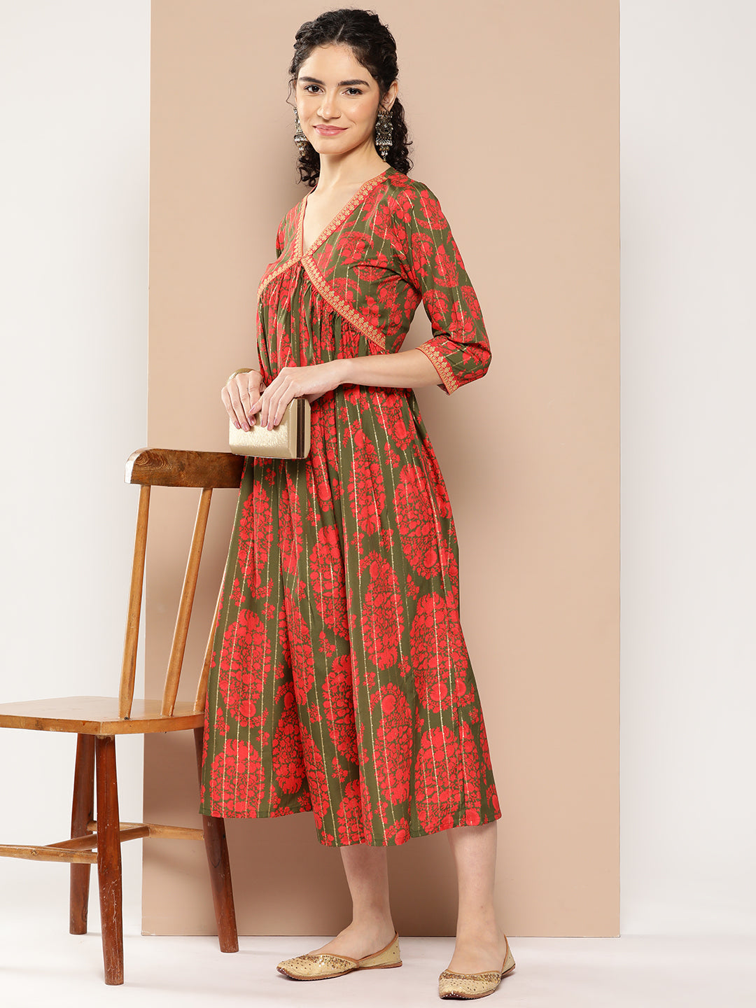 Green & Red Floral Print Flared A-Line Midi Dress