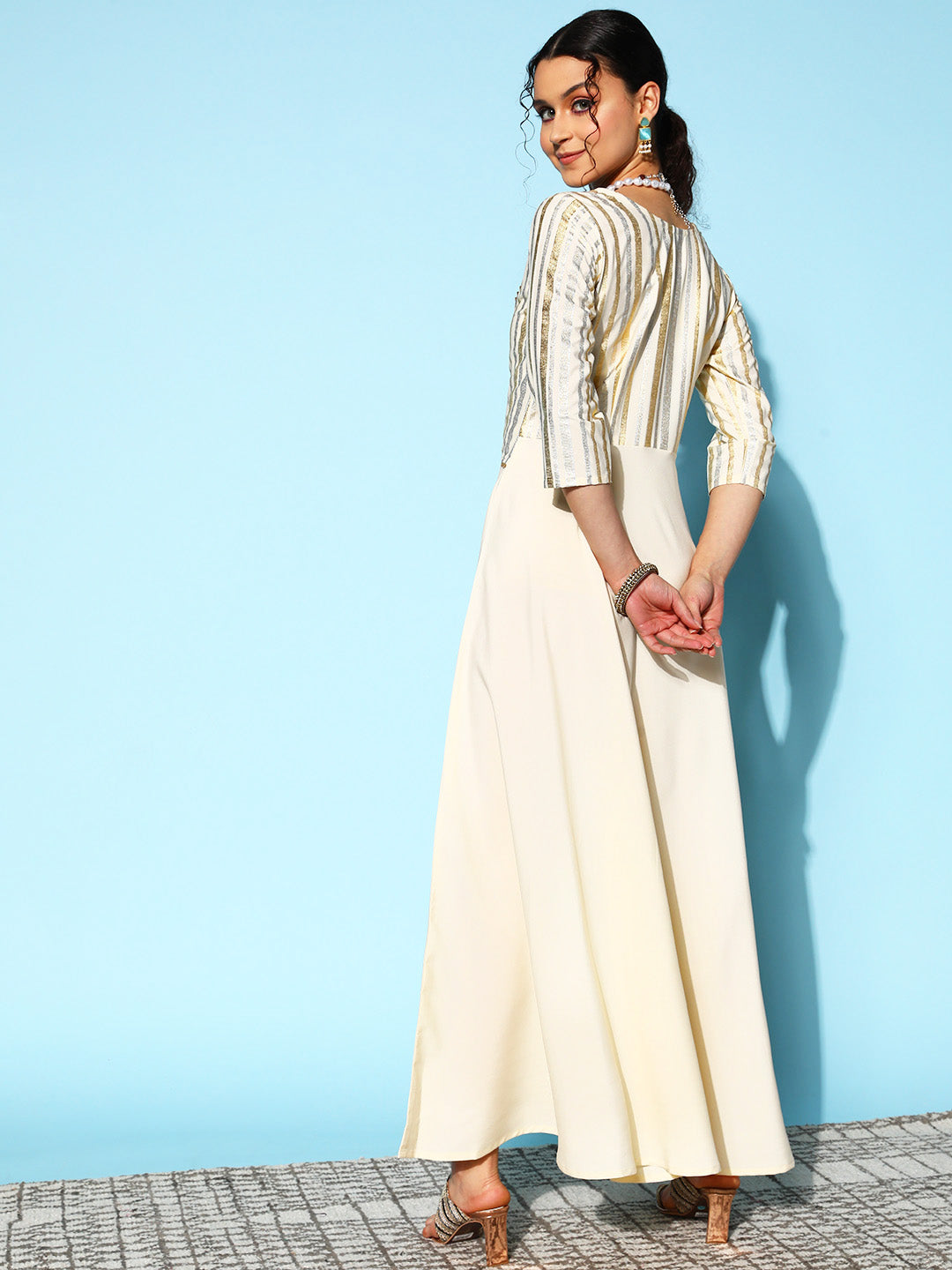 Off White Striped Maxi Ethnic Dress With Gotta Patti Detail