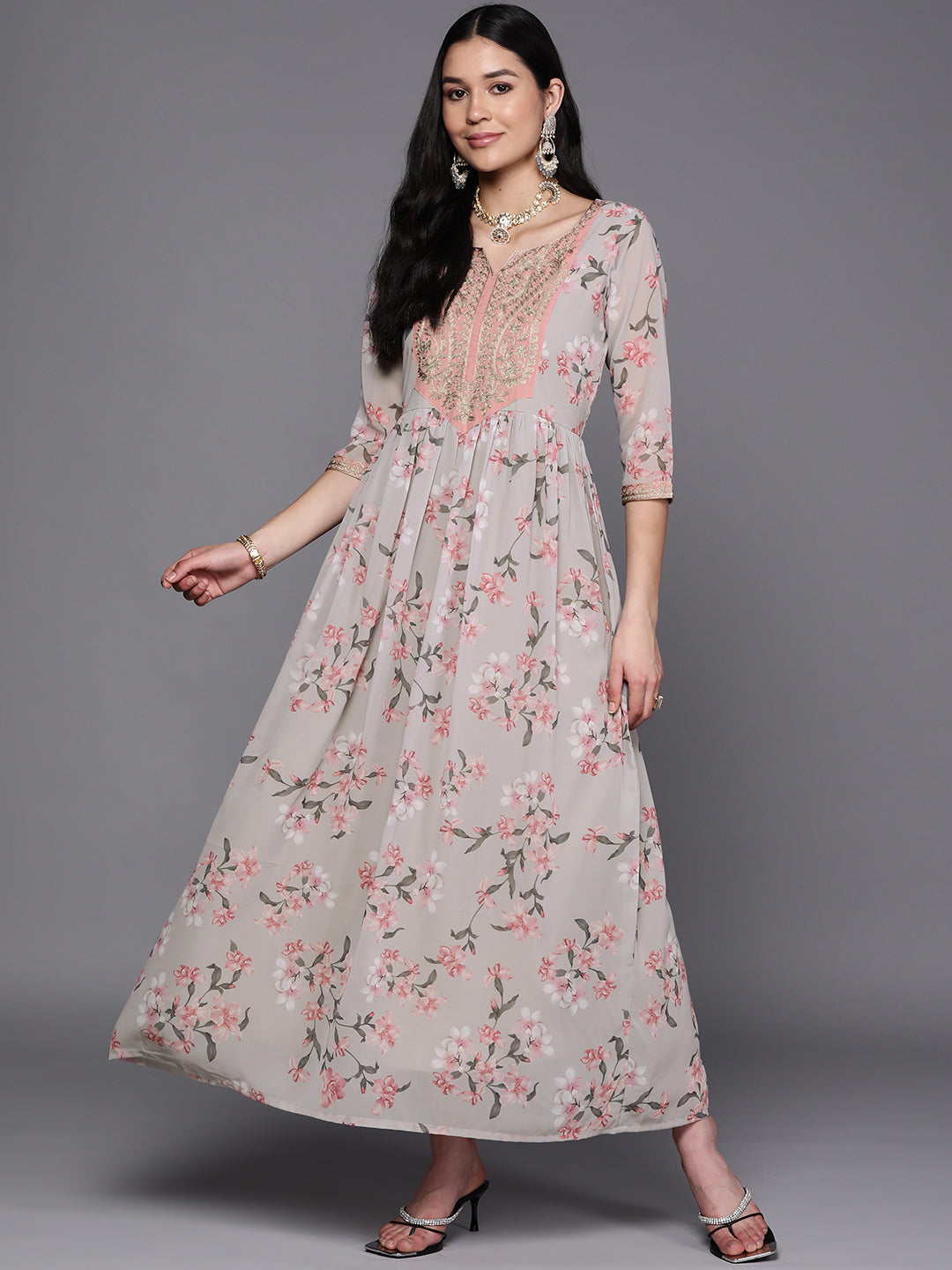 Grey Embroidered Floral Printed Ethnic Dress