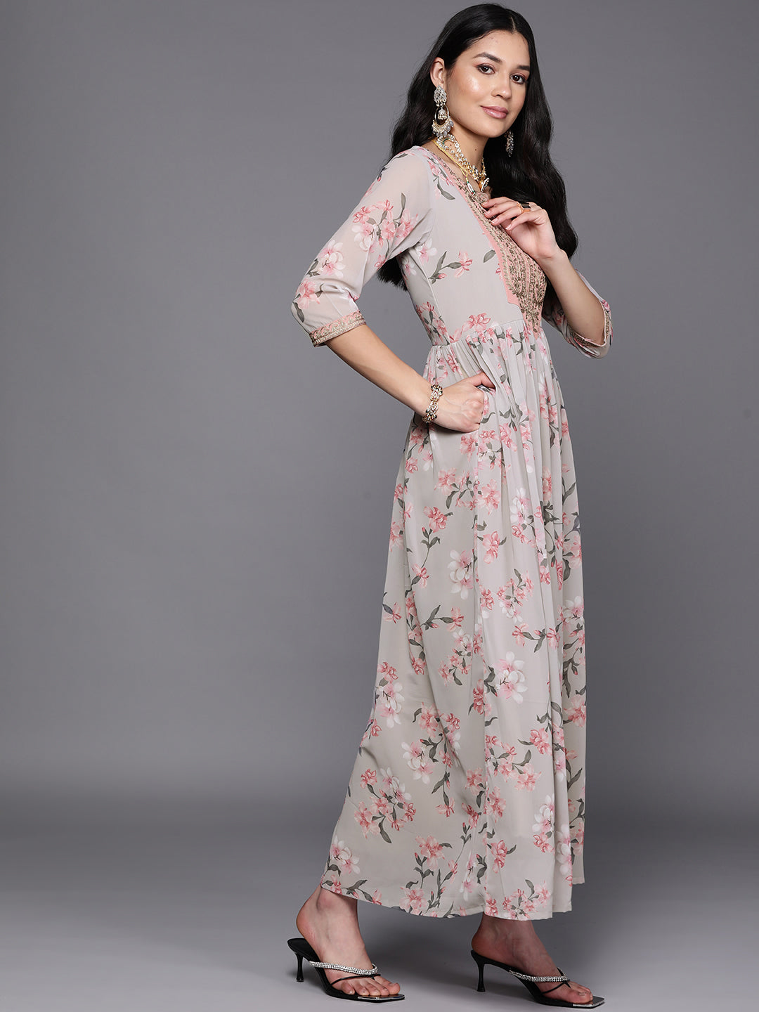 Grey Embroidered Floral Printed Ethnic Dress