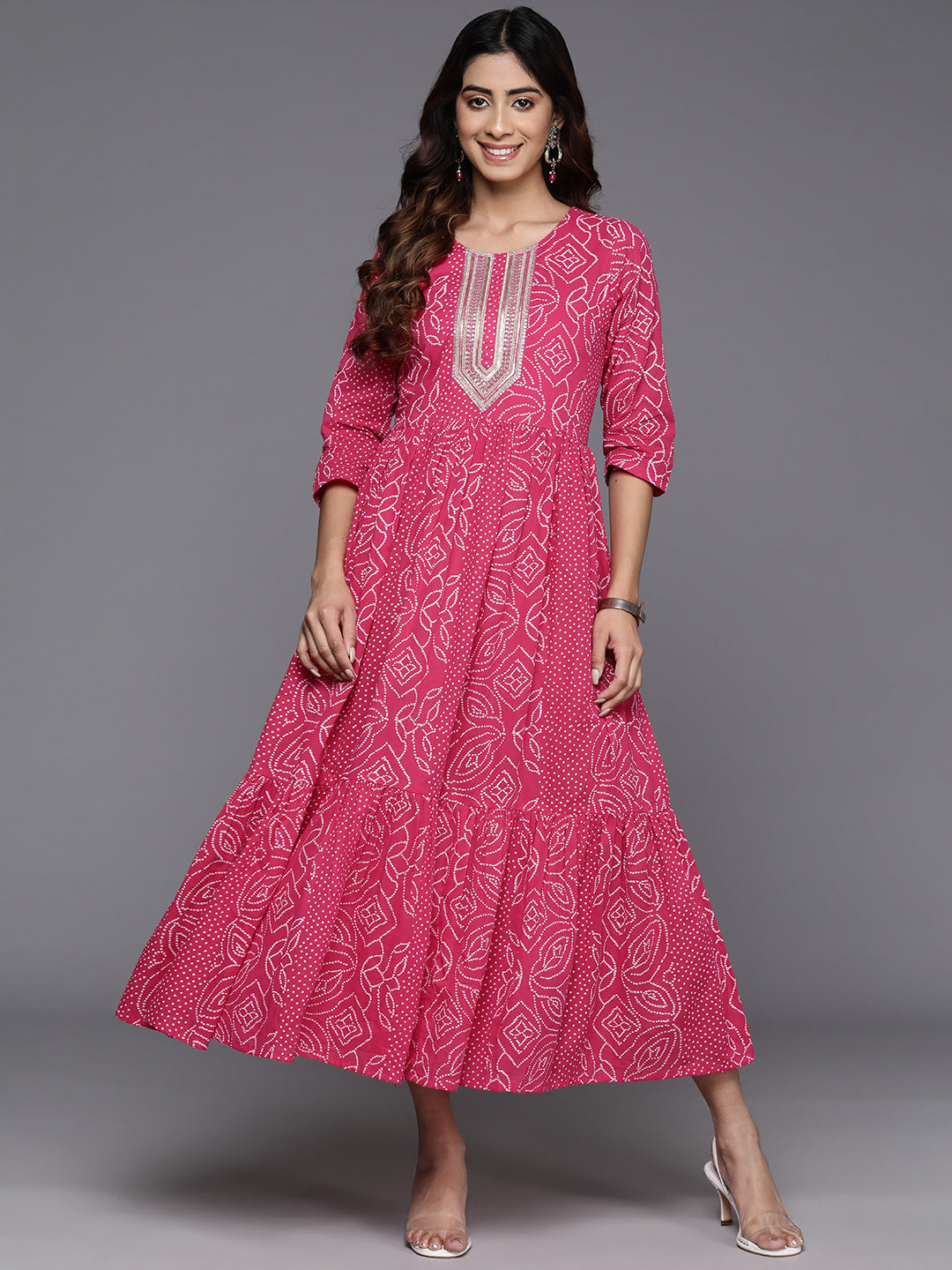 Bandhani Printed Sequined Tiered A-Line Pure Cotton Ethnic Dress