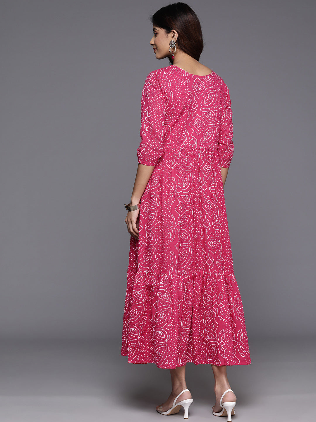 Bandhani Printed Sequined Tiered A-Line Pure Cotton Ethnic Dress