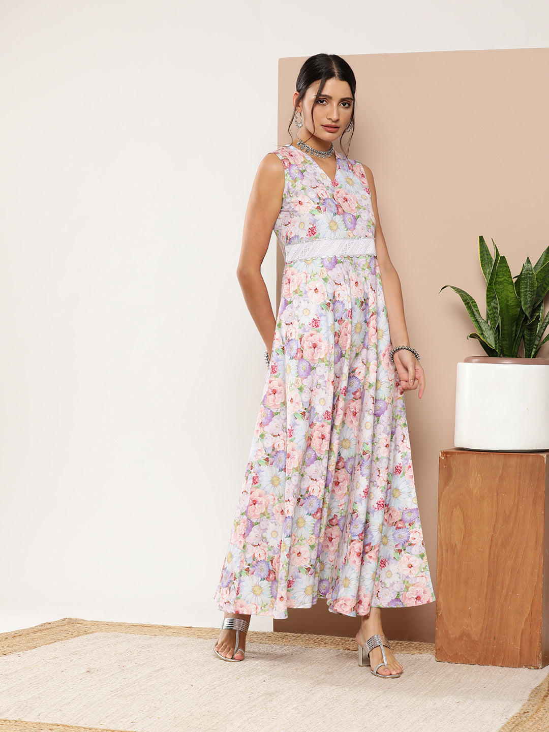 Lavender Floral Printed Maxi Ethnic Dress