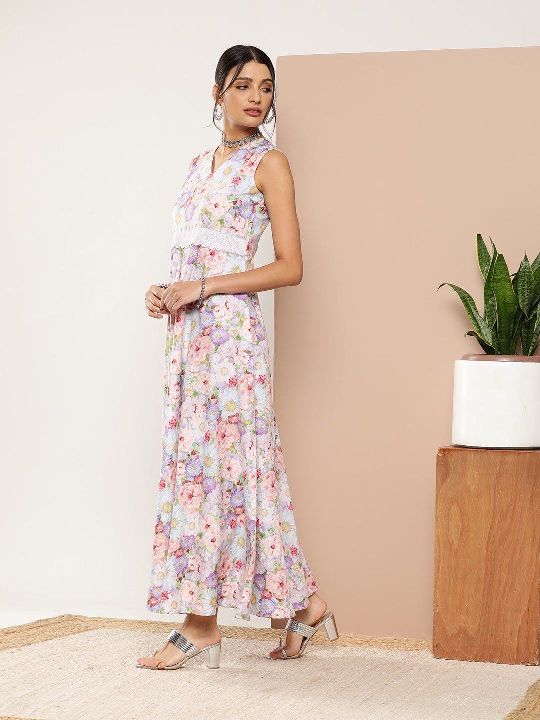 Lavender Floral Printed Maxi Ethnic Dress