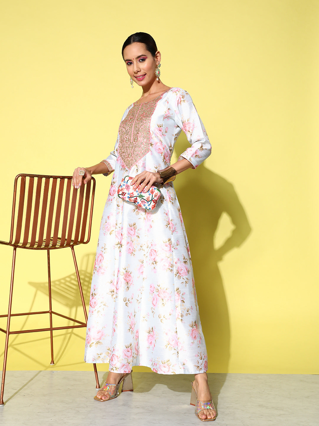 Blue & Pink Embroidered Floral Printed Ethnic A-Line Maxi Dress