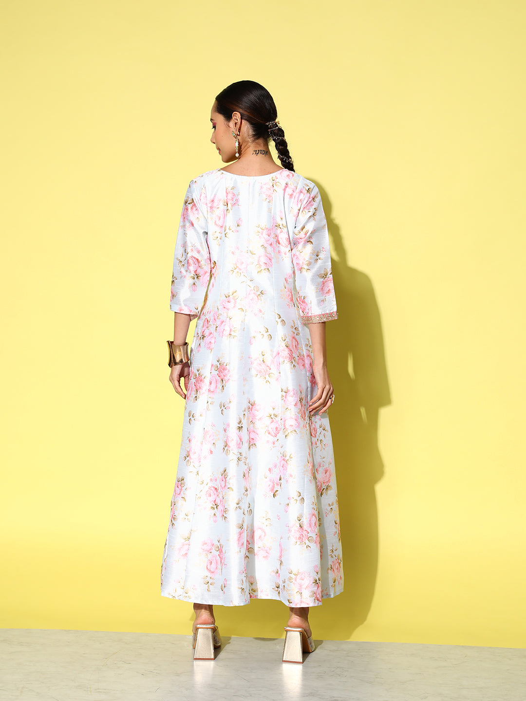 Blue & Pink Embroidered Floral Printed Ethnic A-Line Maxi Dress