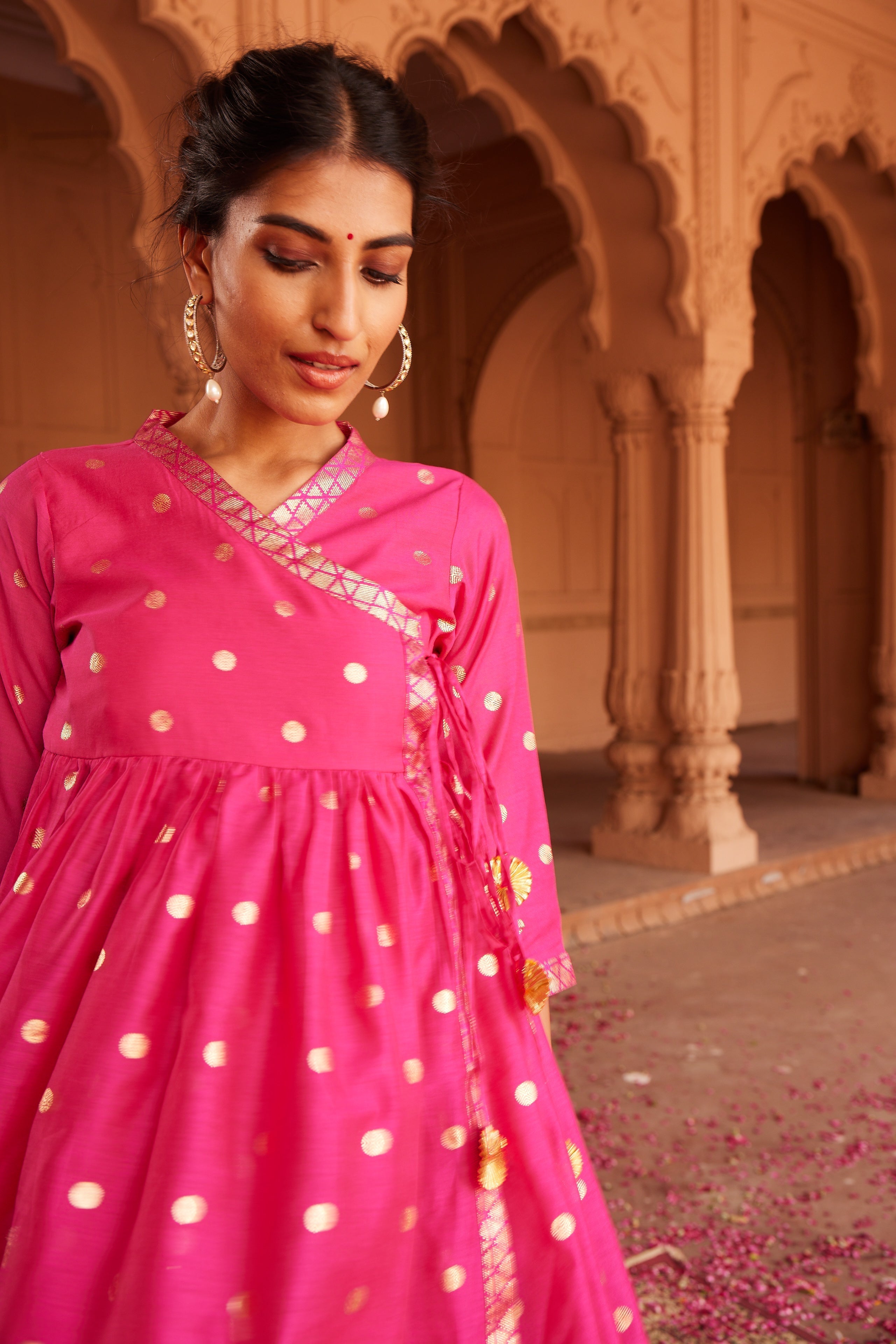 Pink Chanderi Printed Angrakha Style Tunic