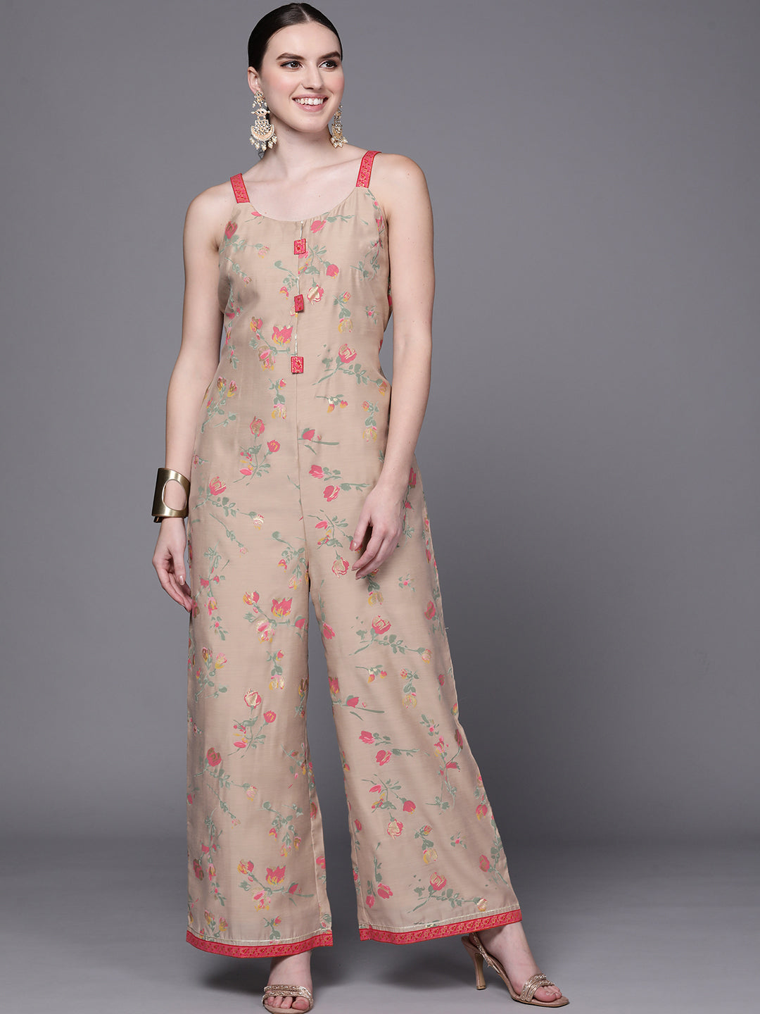 Tan Floral Printed Basic Jumpsuit