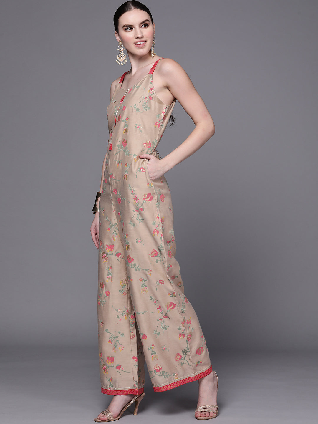 Tan Floral Printed Basic Jumpsuit