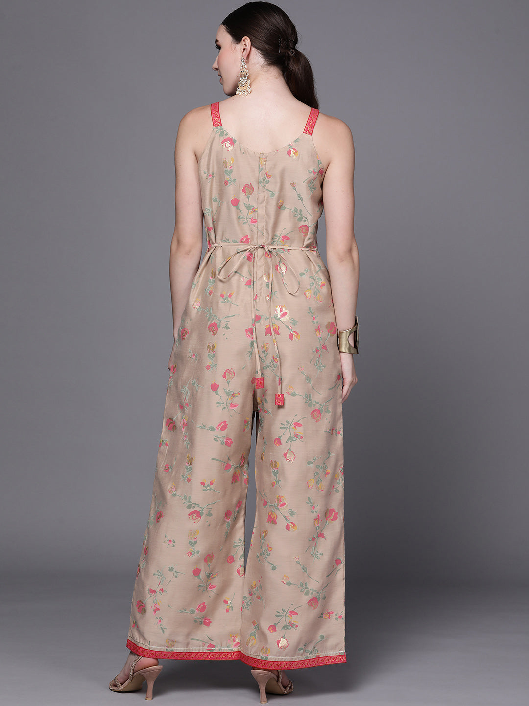 Tan Floral Printed Basic Jumpsuit