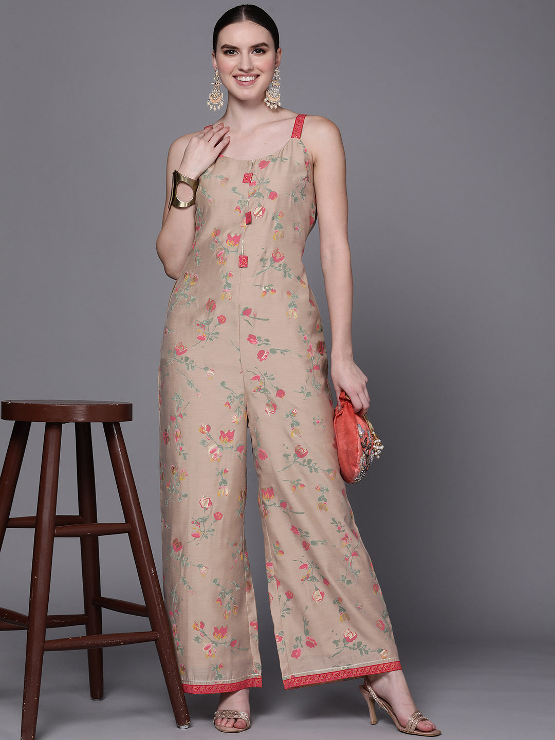 Tan Floral Printed Basic Jumpsuit