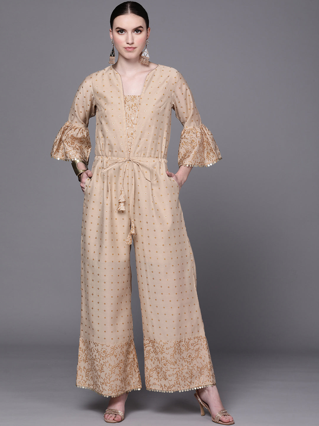 Beige & Golden Printed Tie Up Detail Jumpsuit