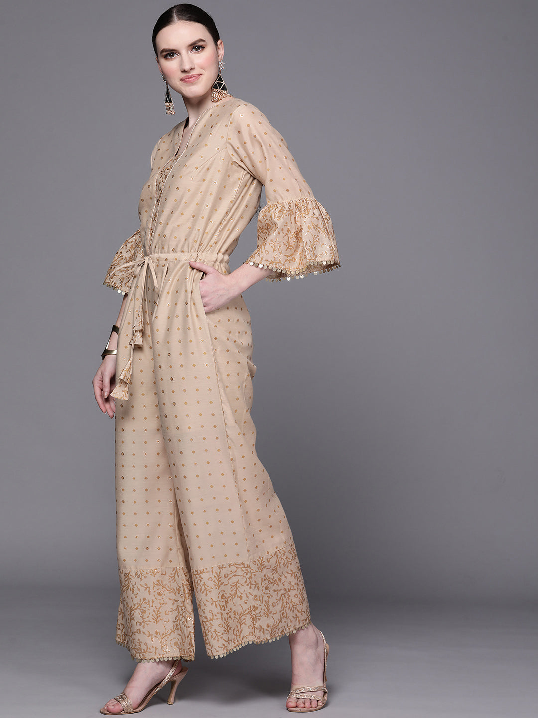 Beige & Golden Printed Tie Up Detail Jumpsuit