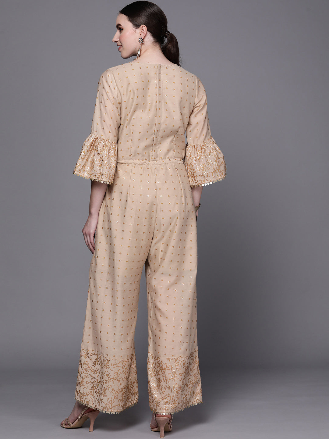 Beige & Golden Printed Tie Up Detail Jumpsuit