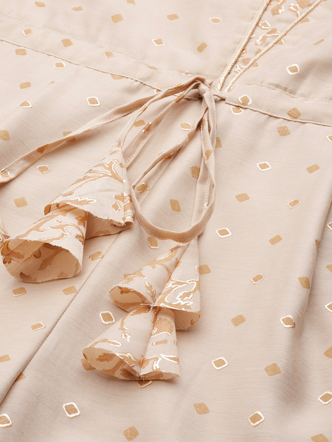 Beige & Golden Printed Tie Up Detail Jumpsuit