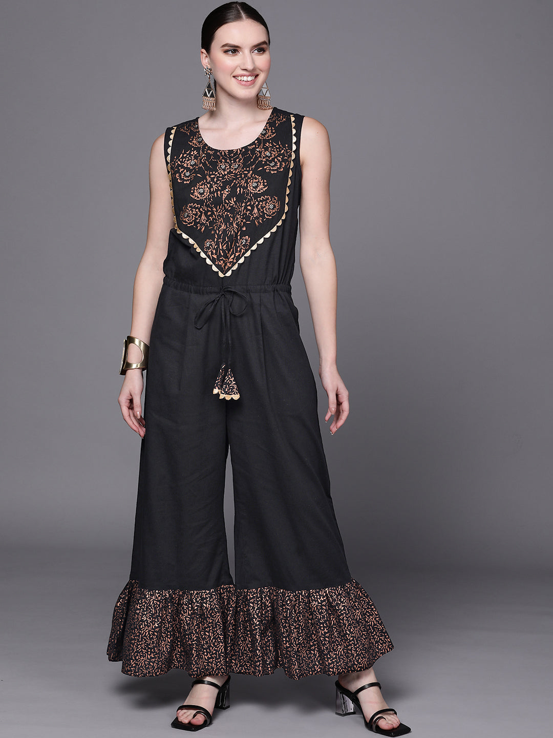 Black Printed Pure Cotton Jumpsuit with Lace Details