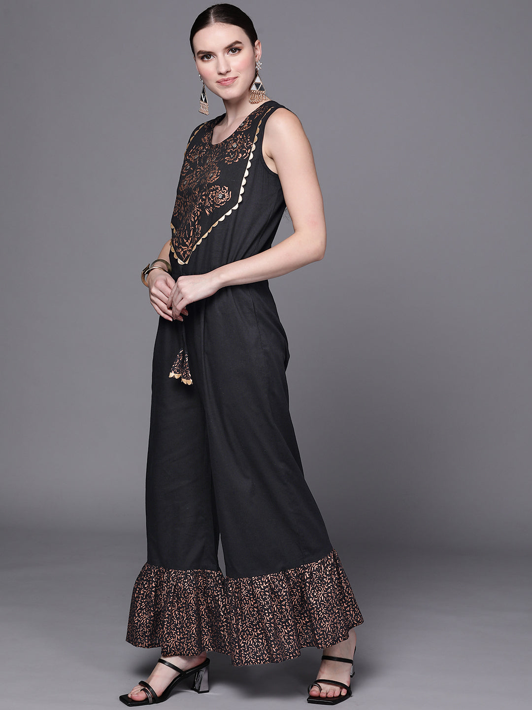 Black Printed Pure Cotton Jumpsuit with Lace Details