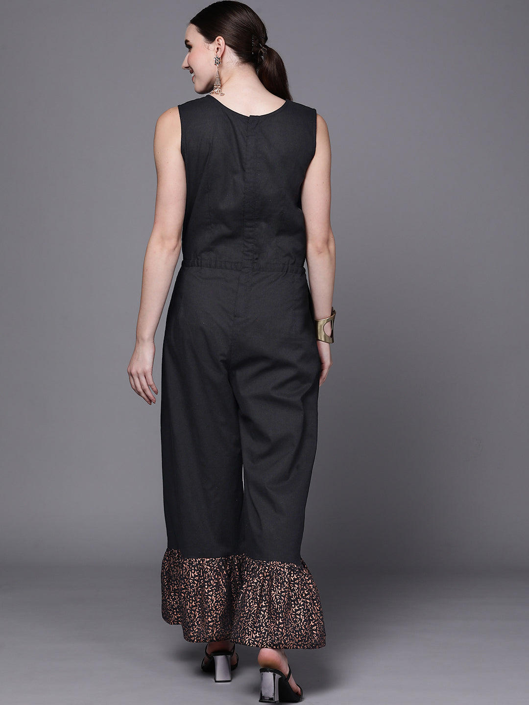 Black Printed Pure Cotton Jumpsuit with Lace Details