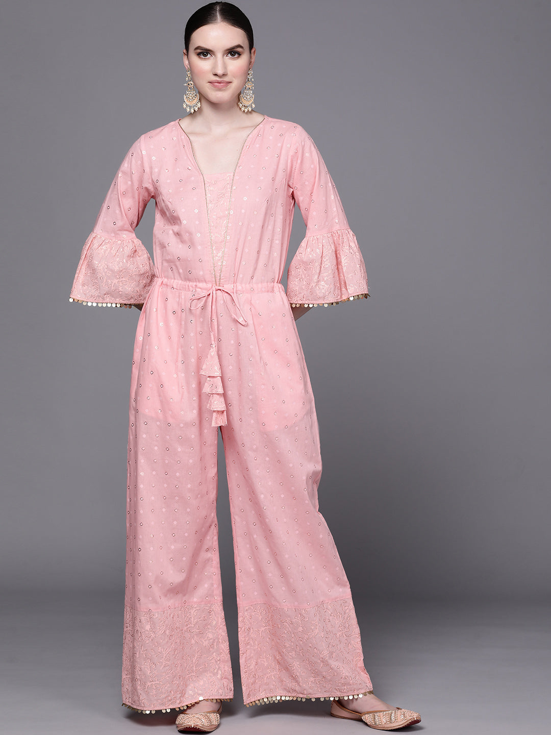 Pink Printed Pure Cotton Waist Tie-Ups Jumpsuit