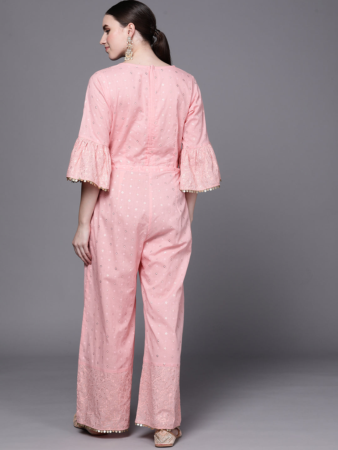 Pink Printed Pure Cotton Waist Tie-Ups Jumpsuit