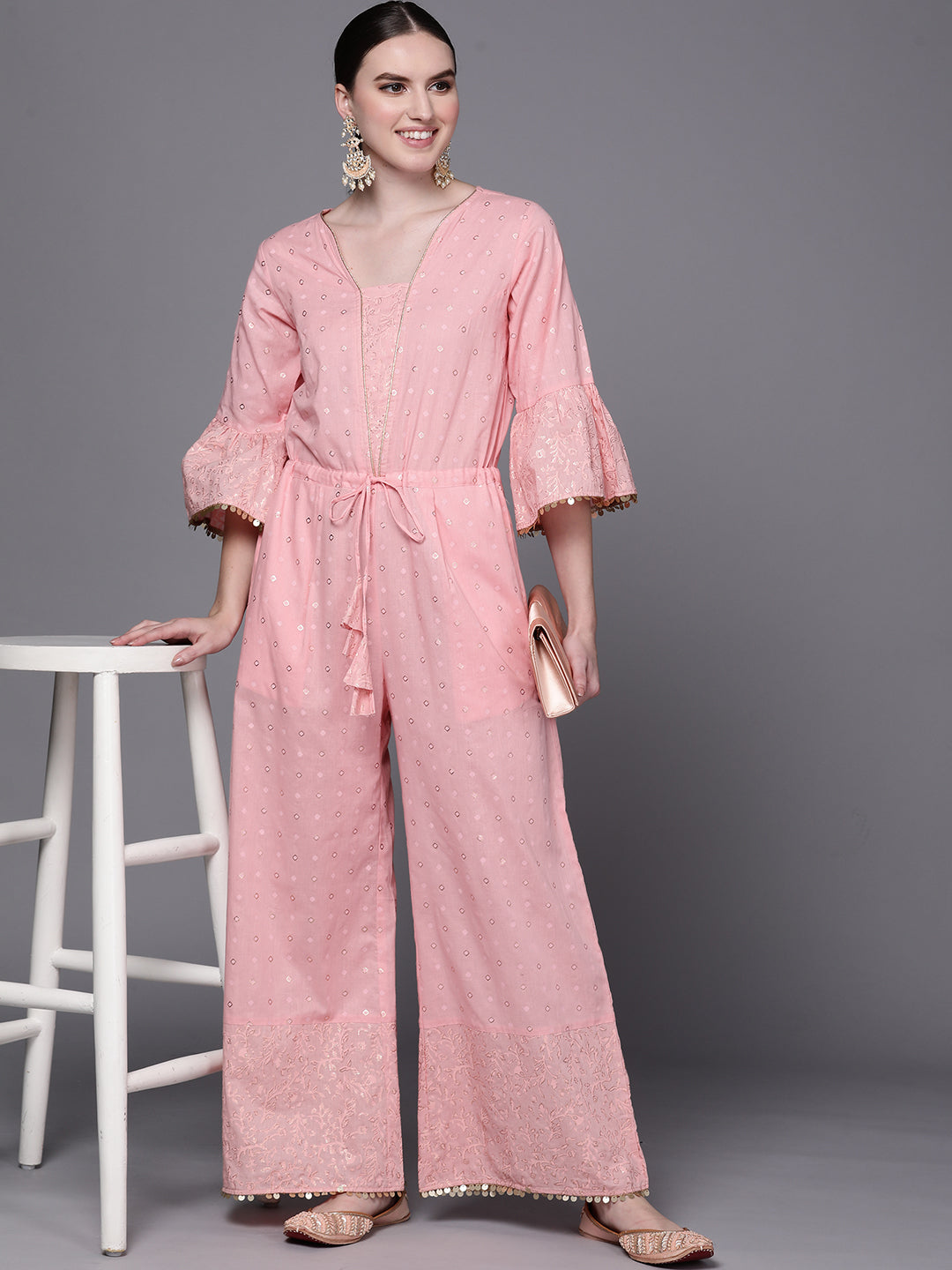 Pink Printed Pure Cotton Waist Tie-Ups Jumpsuit