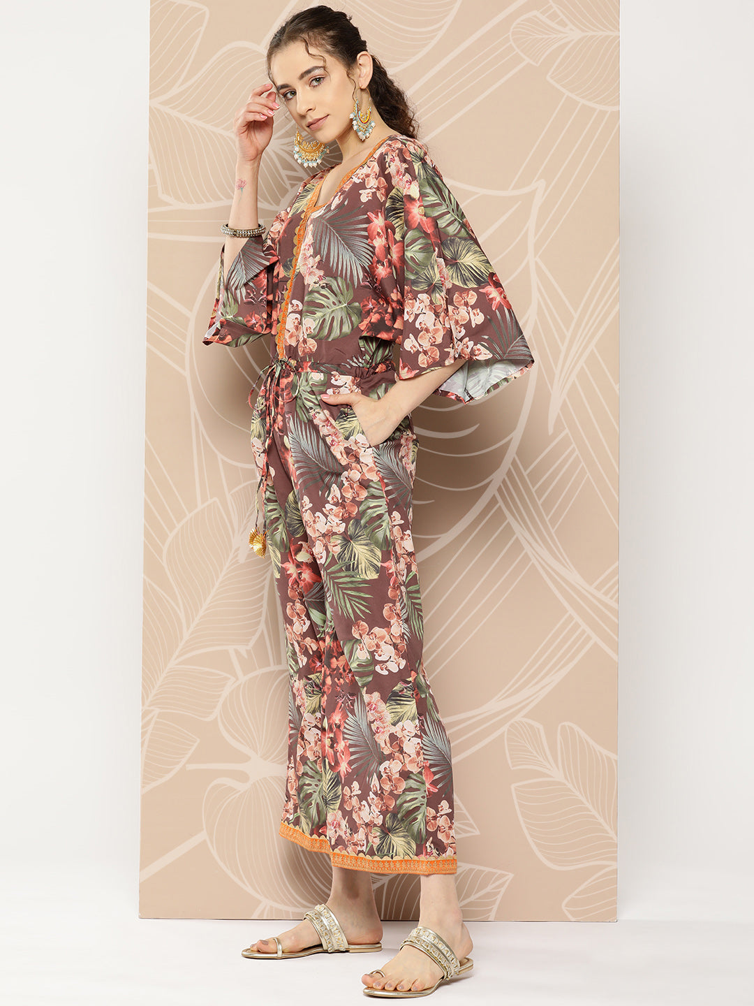 Brown& Green Printed Waist Tie-Ups Jumpsuit