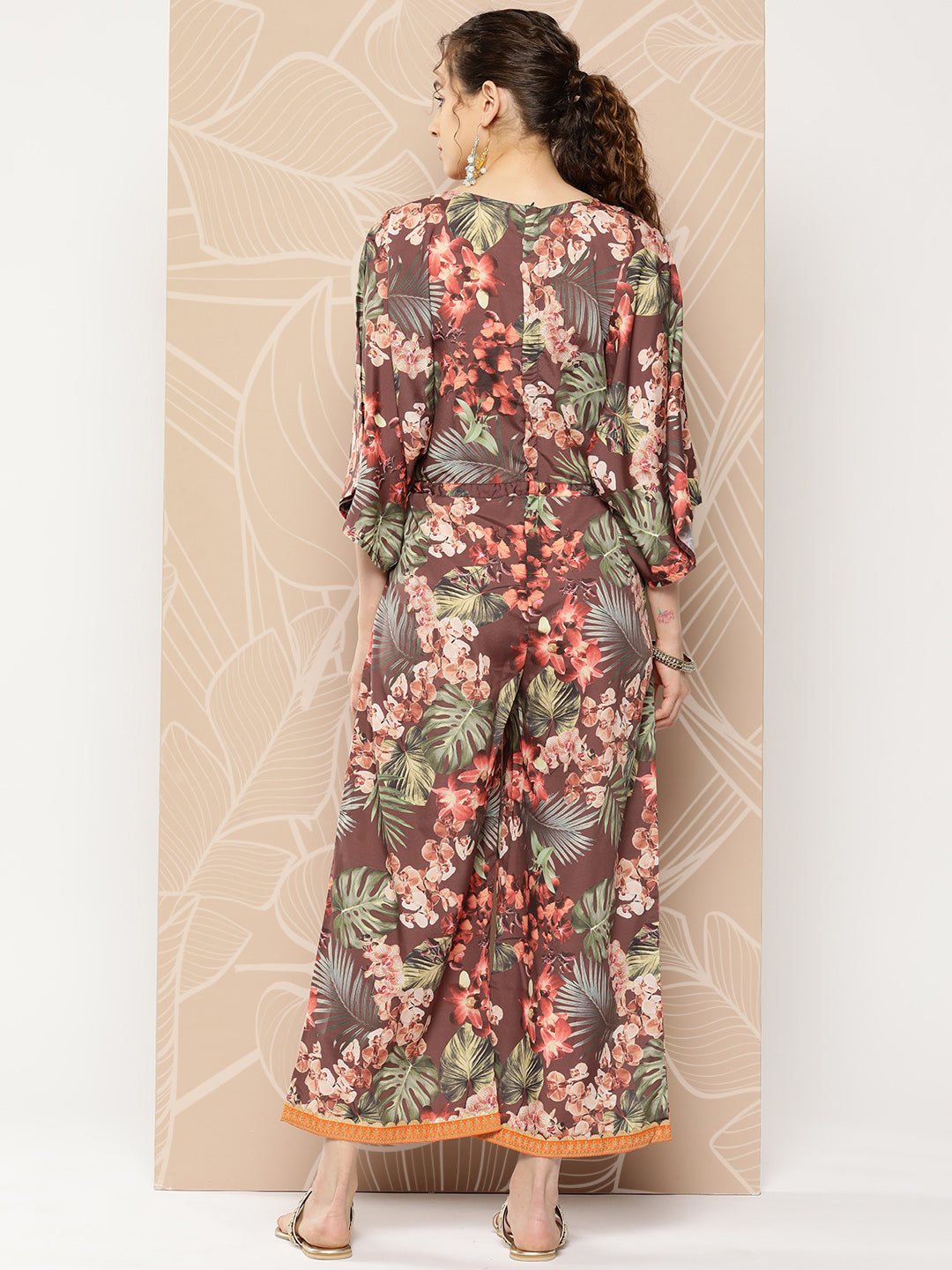 Brown& Green Printed Waist Tie-Ups Jumpsuit