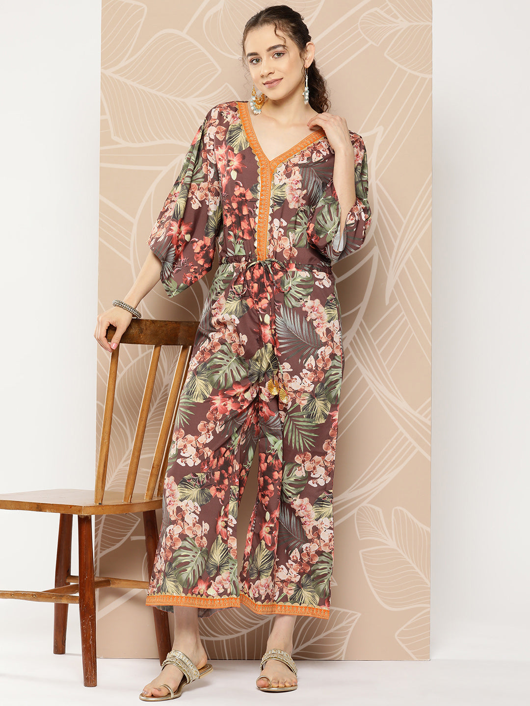 Brown& Green Printed Waist Tie-Ups Jumpsuit