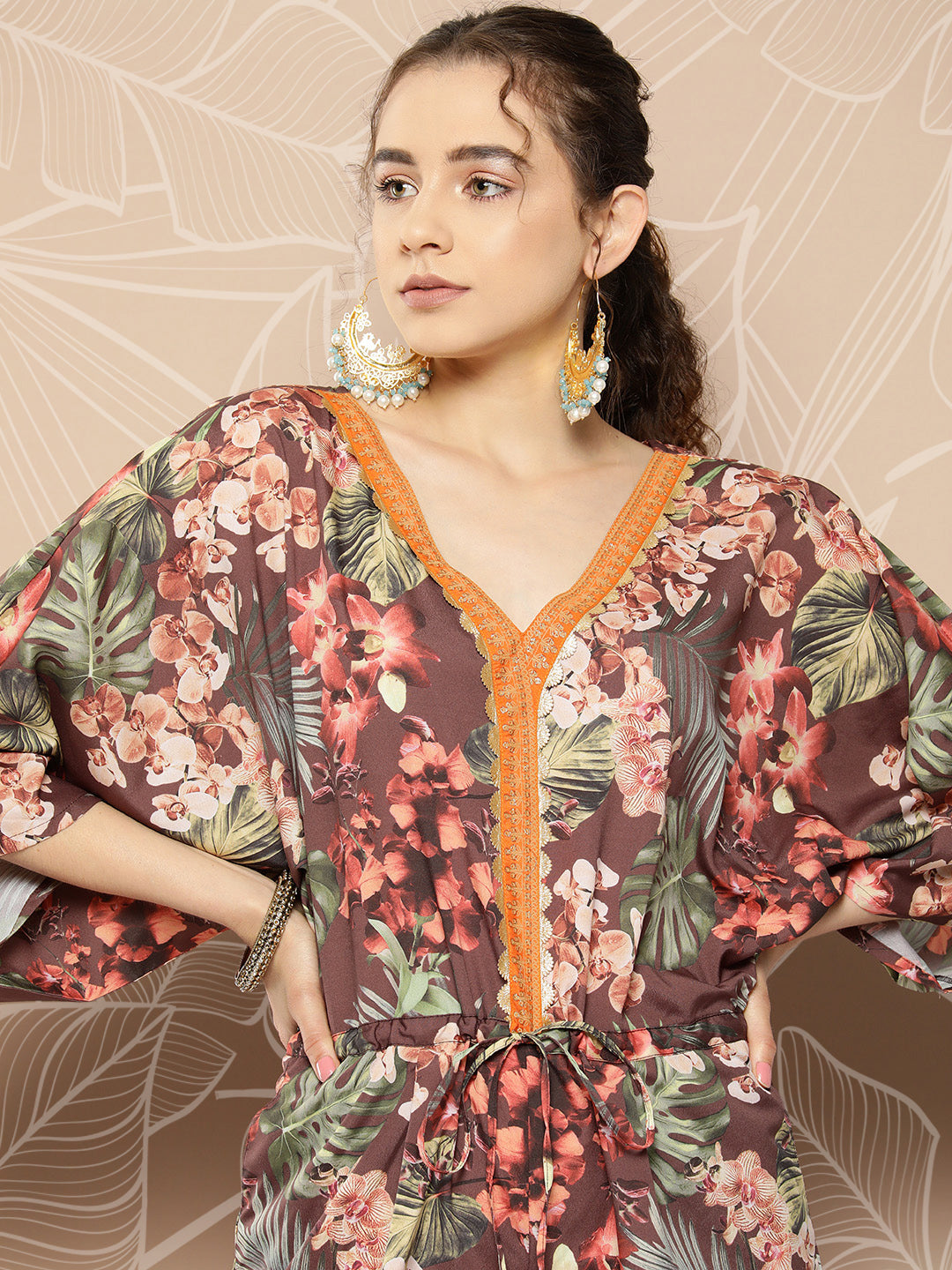 Brown& Green Printed Waist Tie-Ups Jumpsuit