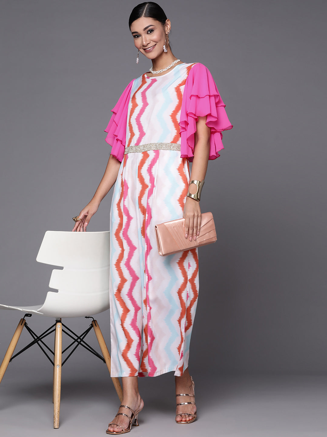 White & Pink Zig Zag Striped Printed Jumpsuit