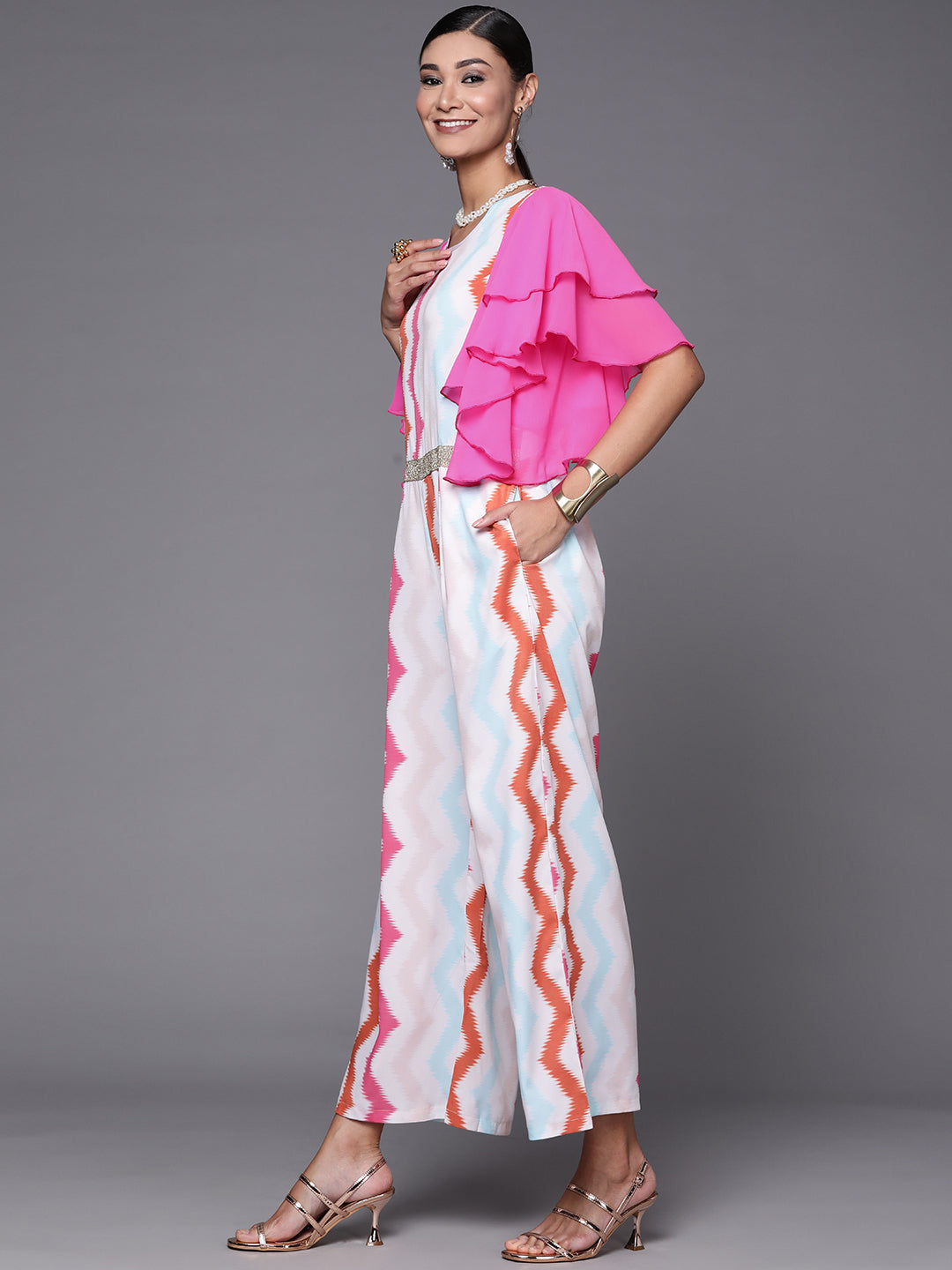 White & Pink Zig Zag Striped Printed Jumpsuit