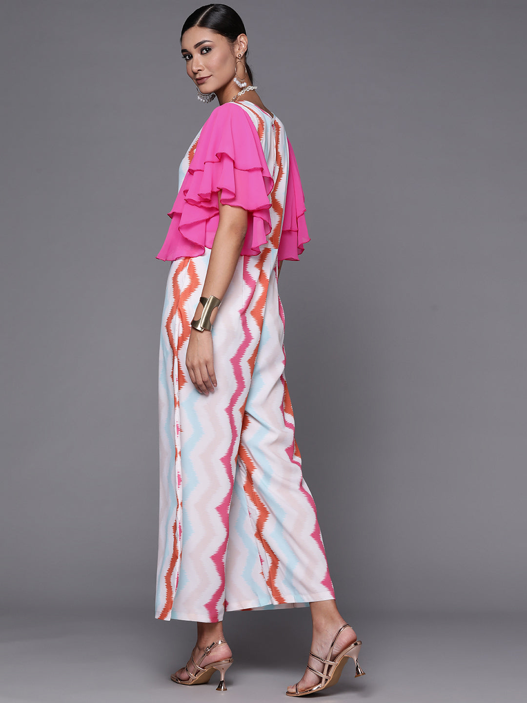 White & Pink Zig Zag Striped Printed Jumpsuit