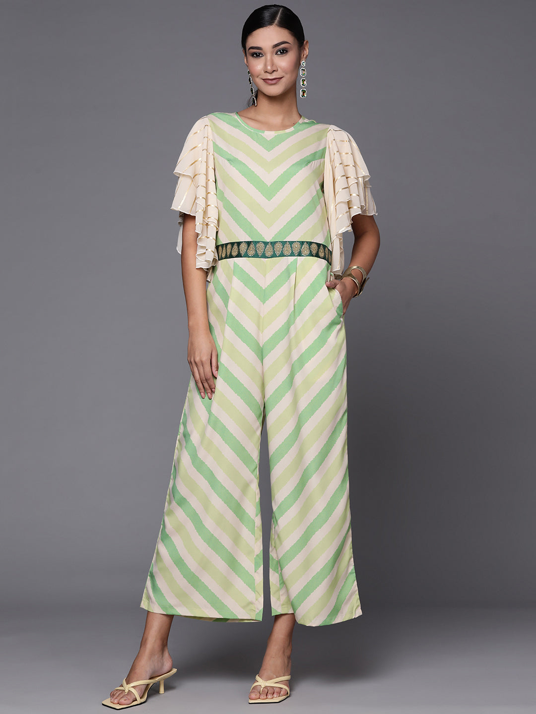 Off White & Green Chevron Print Jumpsuit