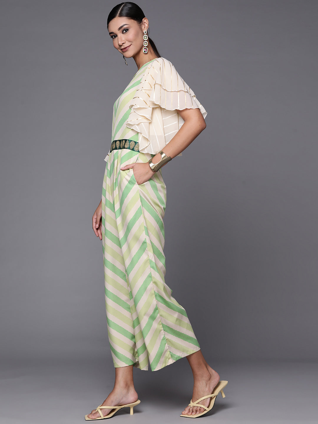 Off White & Green Chevron Print Jumpsuit