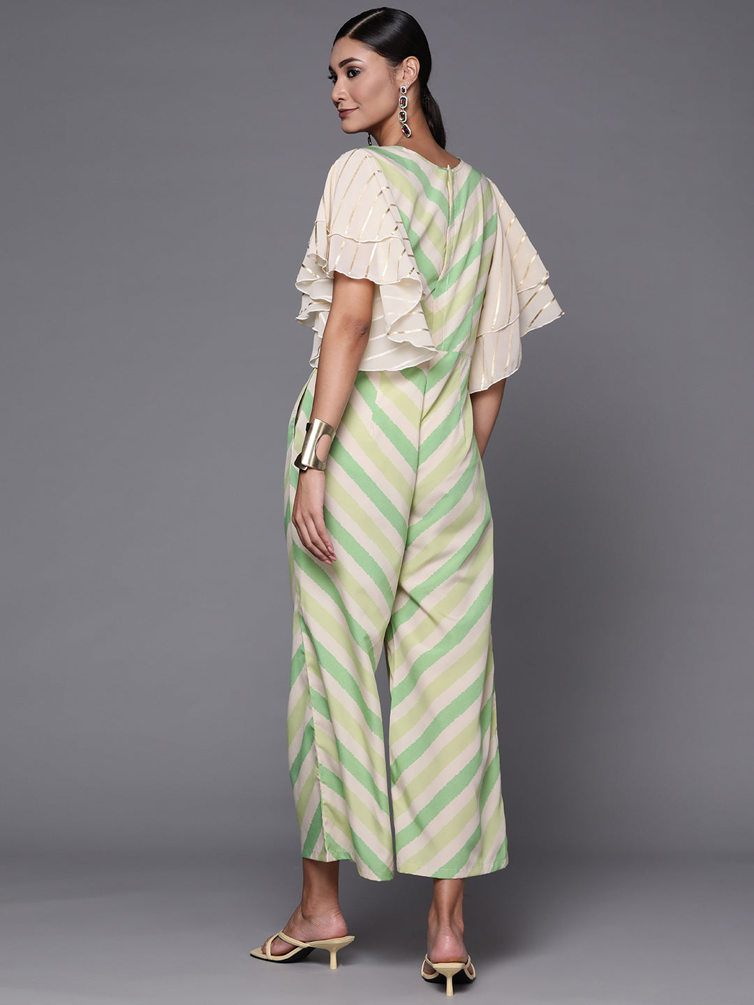 Off White & Green Chevron Print Jumpsuit