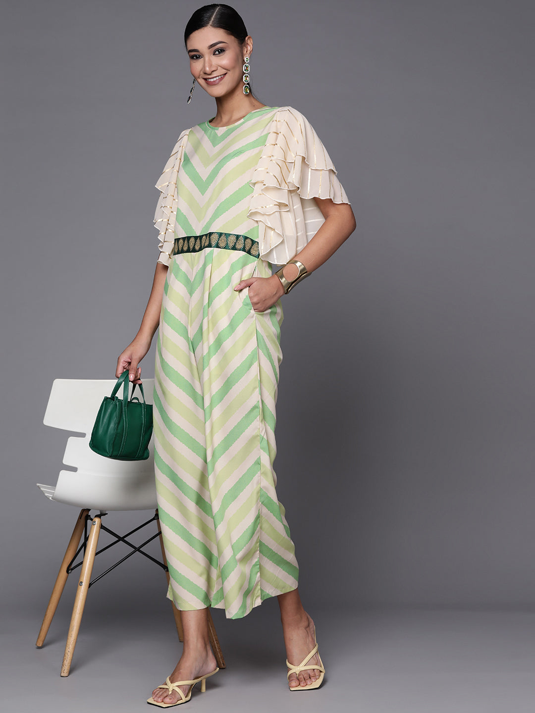 Off White & Green Chevron Print Jumpsuit