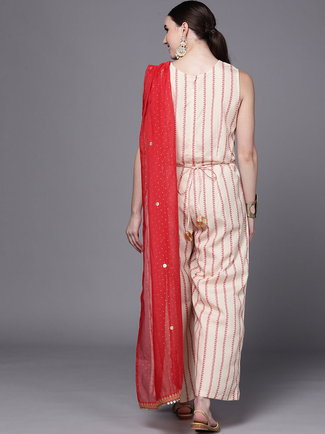 Off White & Red Printed Jumpsuit