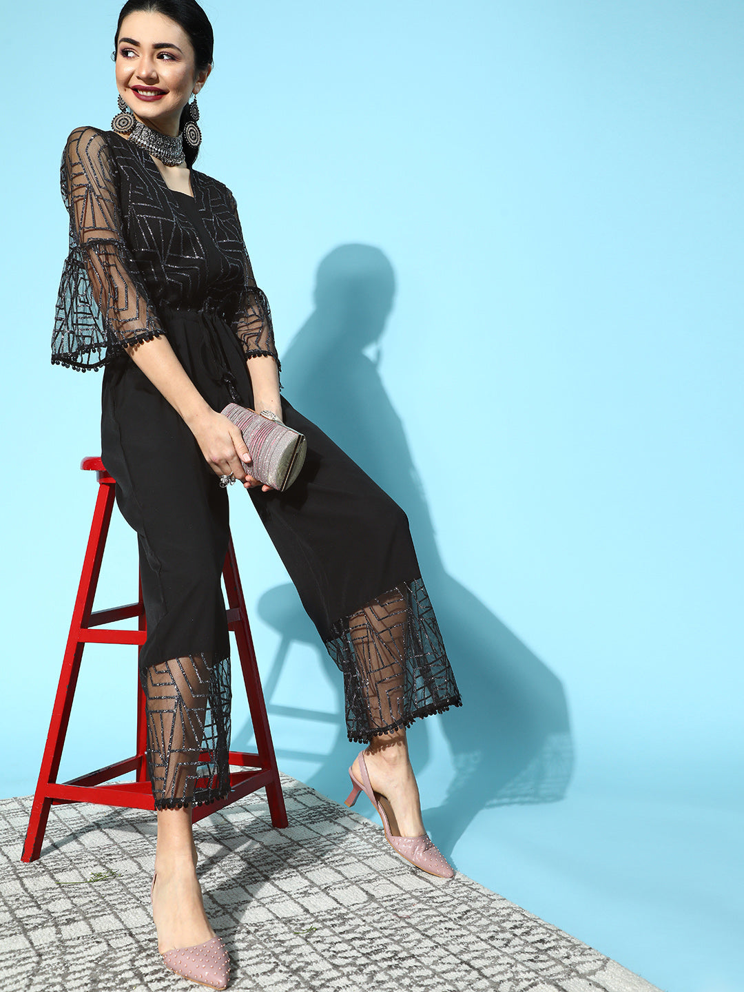 Black Crepe & Net Printed Jumpsuit