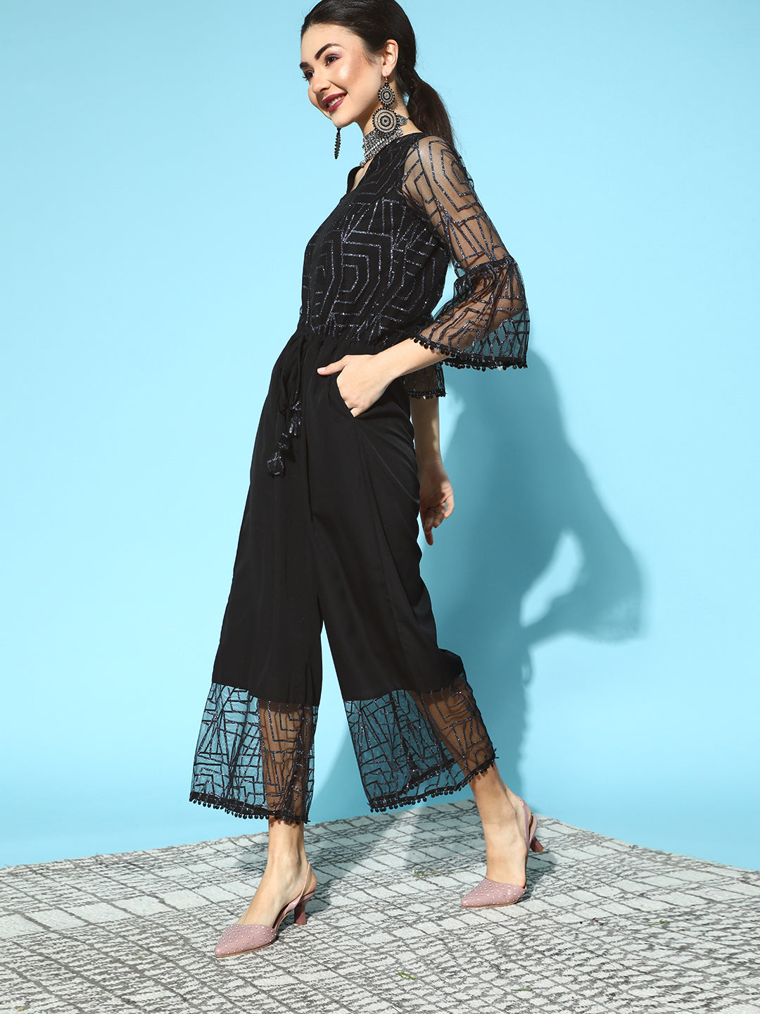 Black Crepe & Net Printed Jumpsuit