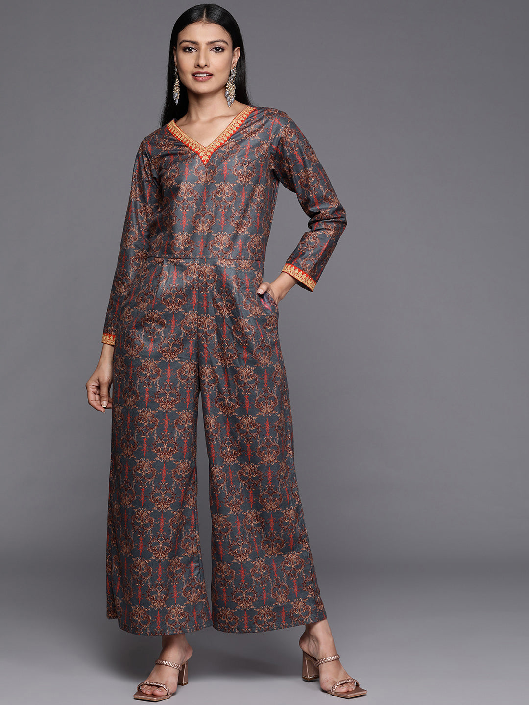 Grey & Brown Velvet Printed Jumpsuit with Pocket