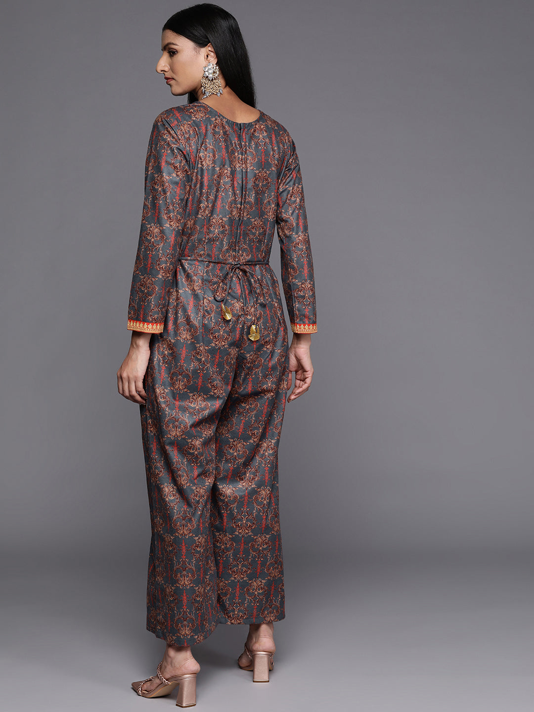 Grey & Brown Velvet Printed Jumpsuit with Pocket