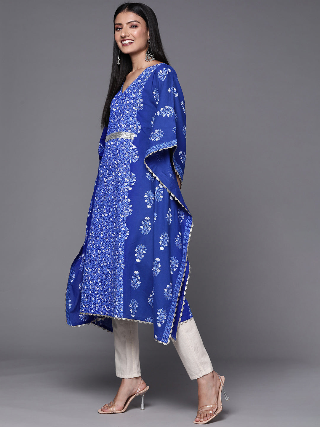 Blue & White Floral Print Pure Cotton Kaftan Kurta