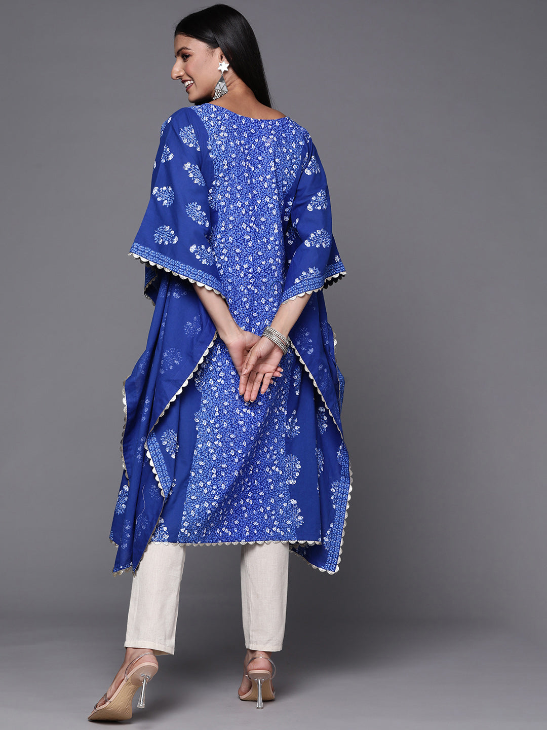 Blue & White Floral Print Pure Cotton Kaftan Kurta