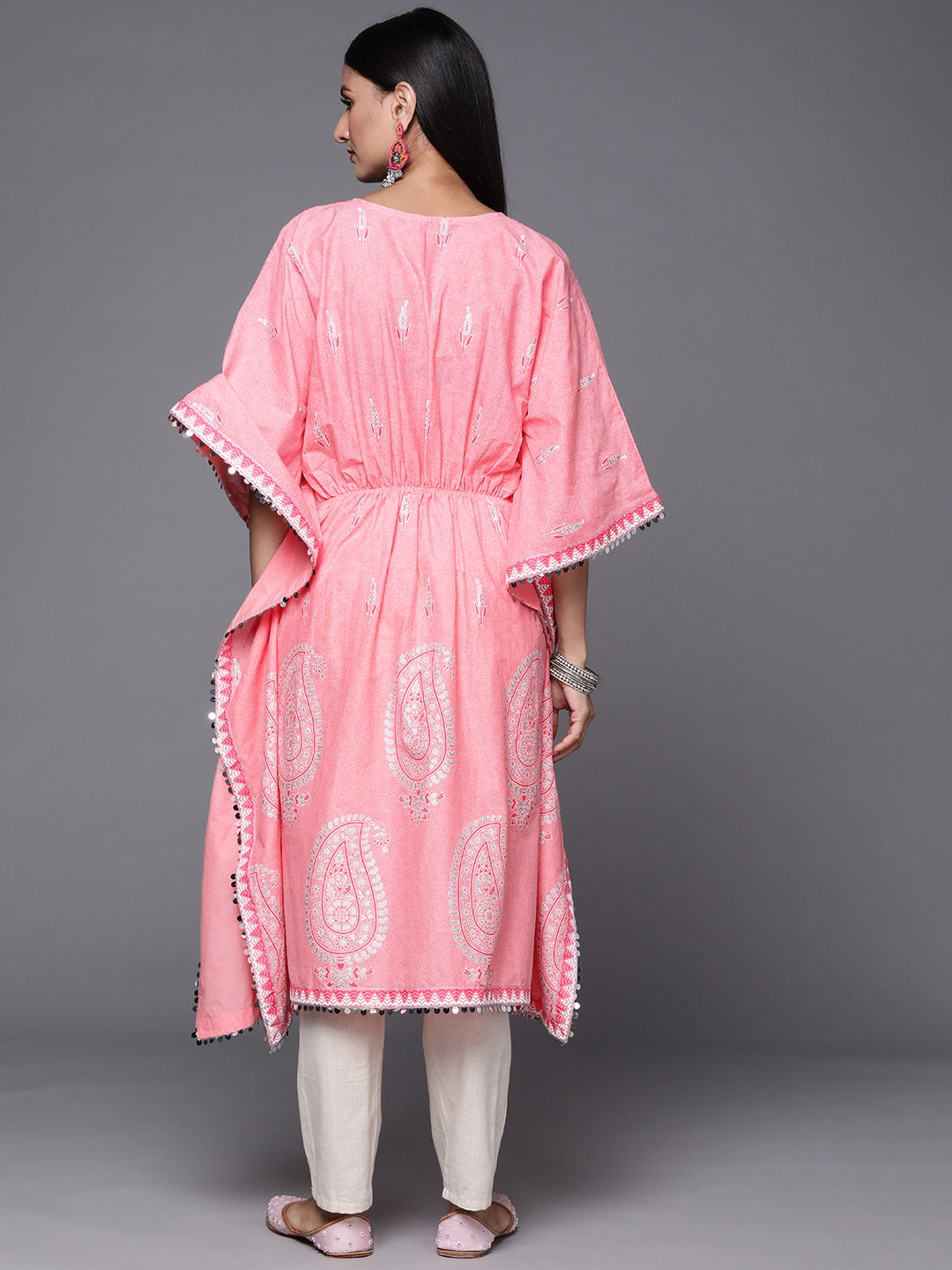 Pink & White Ethnic Motifs Print Pure Cotton Kaftan Kurta