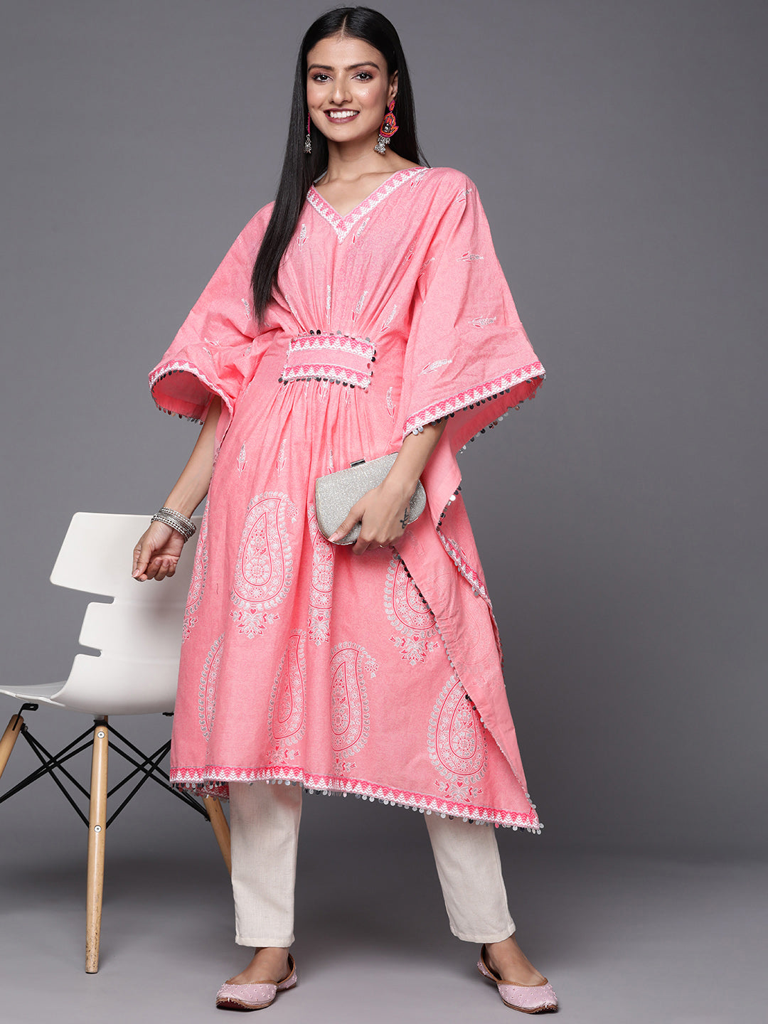 Pink & White Ethnic Motifs Print Pure Cotton Kaftan Kurta