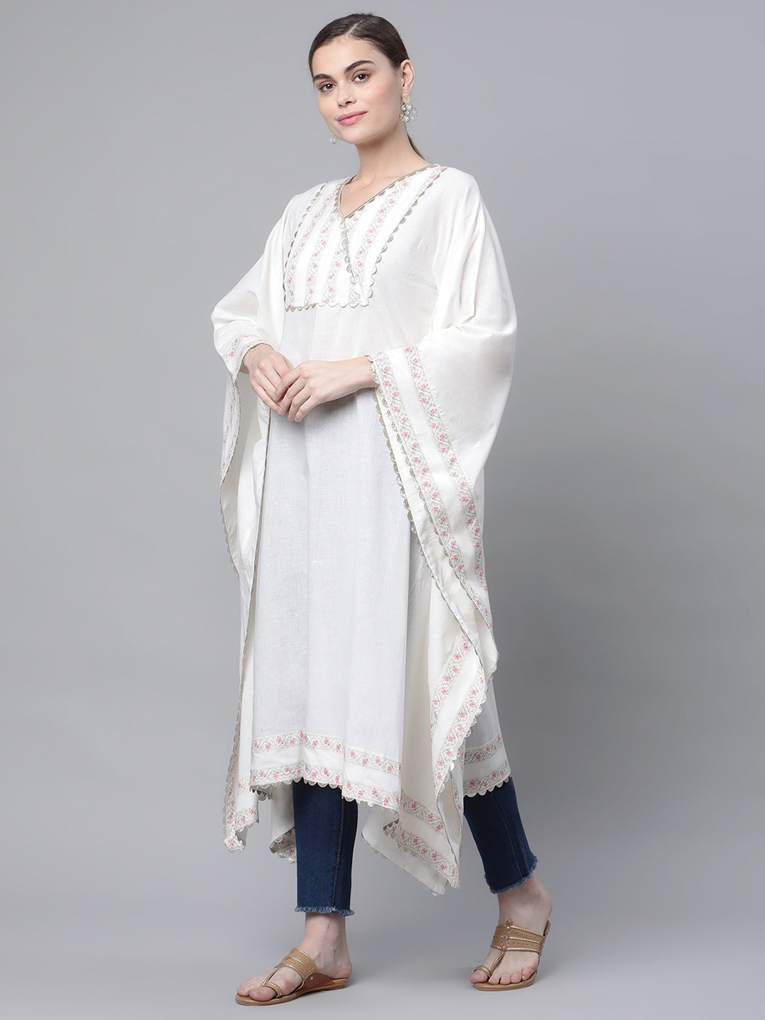 Off white Pure Cotton Printed Flared Sleeve Kaftan Kurta