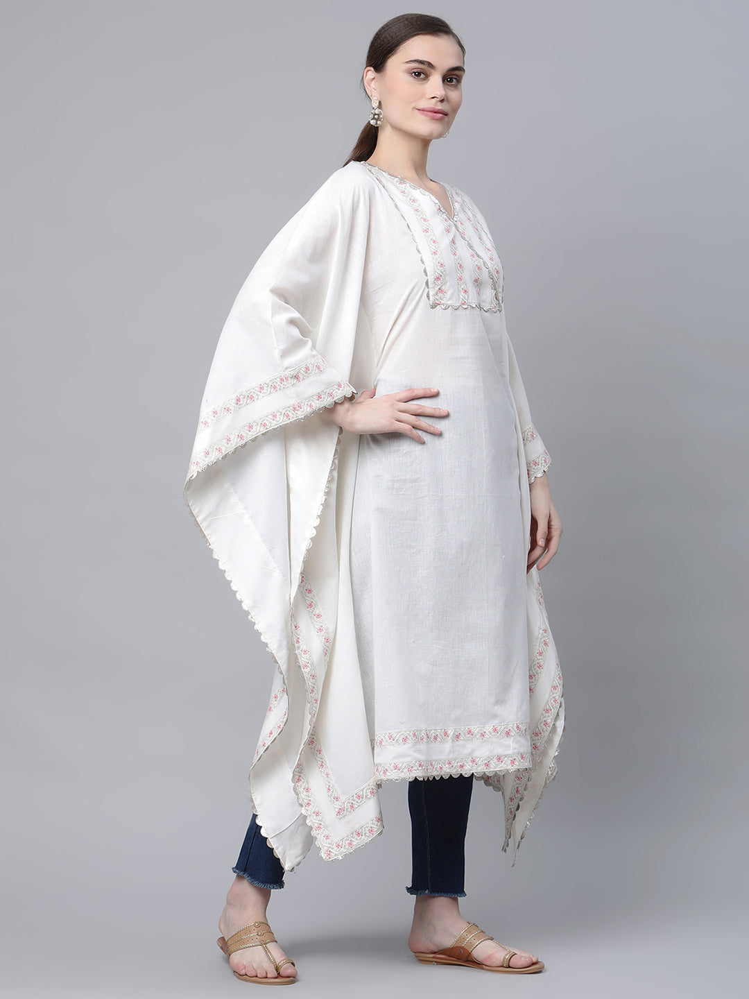 Off white Pure Cotton Printed Flared Sleeve Kaftan Kurta