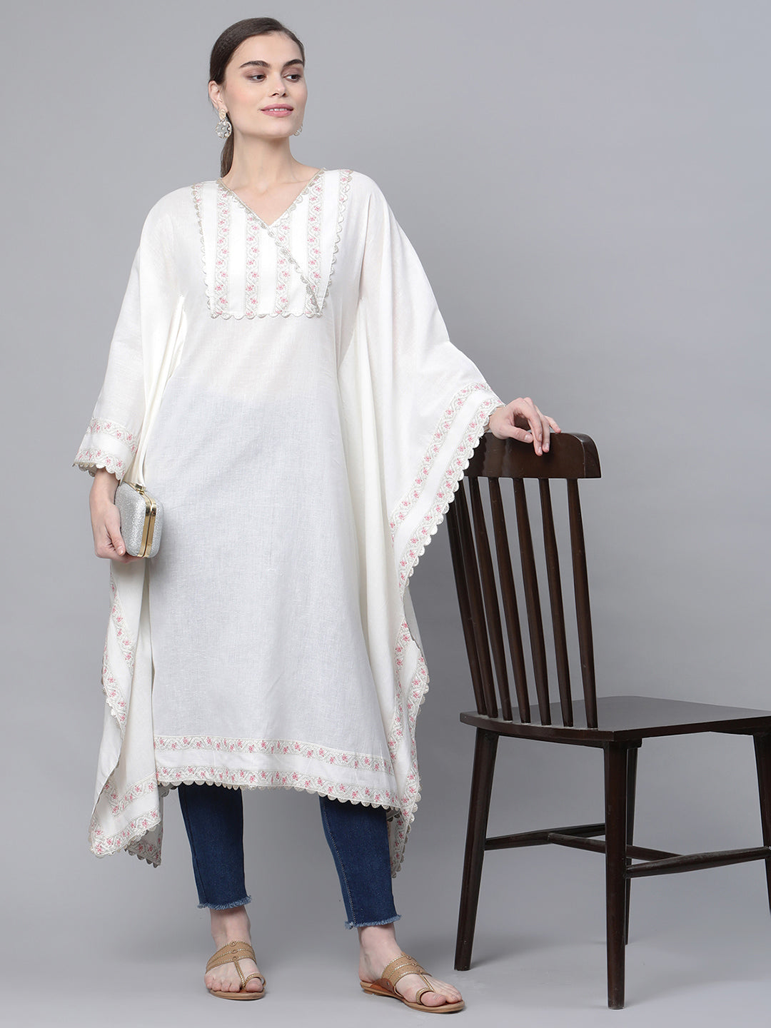 Off white Pure Cotton Printed Flared Sleeve Kaftan Kurta