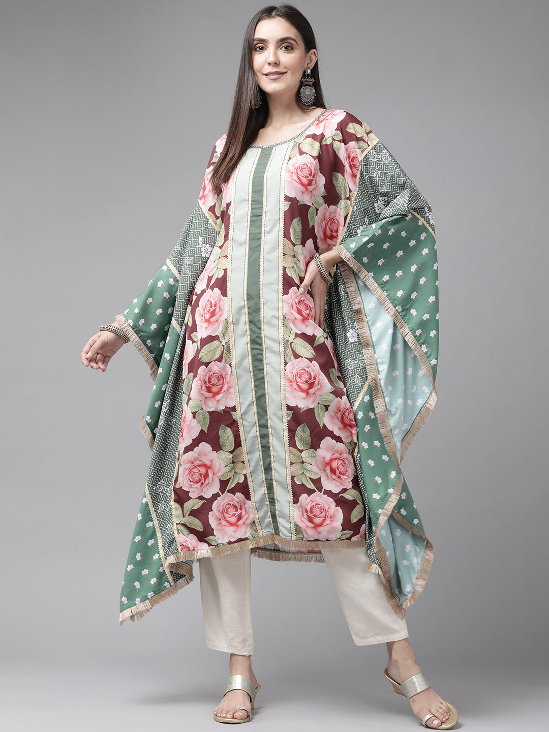 Green & Pink Floral Printed Gotta Patti Floral Kaftan Kurta