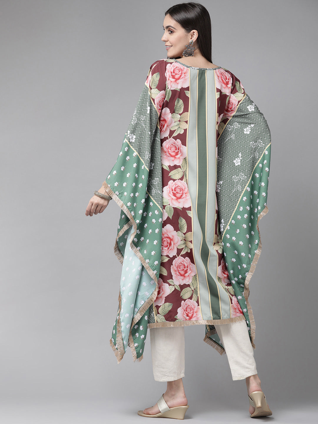 Green & Pink Floral Printed Gotta Patti Floral Kaftan Kurta